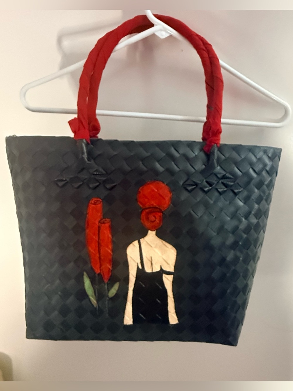 Woven Black bayong bag Tote with Red Handles and Hand-Painted woman and flowers